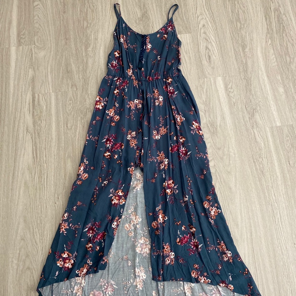 Spaghetti strap floral romper w/ dress overlay